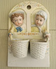 Antique Bisque Porcelain German? Match Striker/Wall Mount Spill Vase-3D Boy/Girl