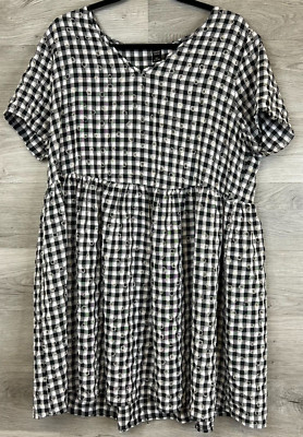Emery Rose Blouse Womens 1XL Black & White Gingham Checked Floral Short Sleeve