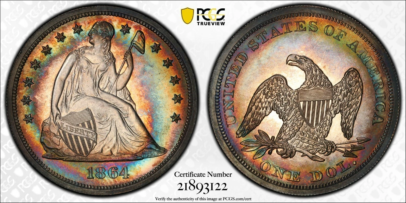 1864 Proof Seated Liberty Dollar $1 PCGS PR64 Cameo Wild Colors !!!
