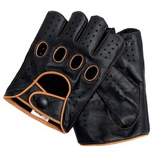 Riparo Women Leather Reverse Stitched Fingerless Half-Finger Gloves - Black/Tan