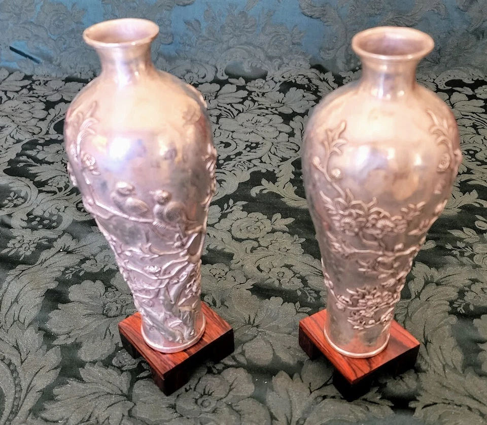 Antique Tibetan Silver washed 3-D Flower Vase Pair Display Well w-Stands - Image 3 of 4