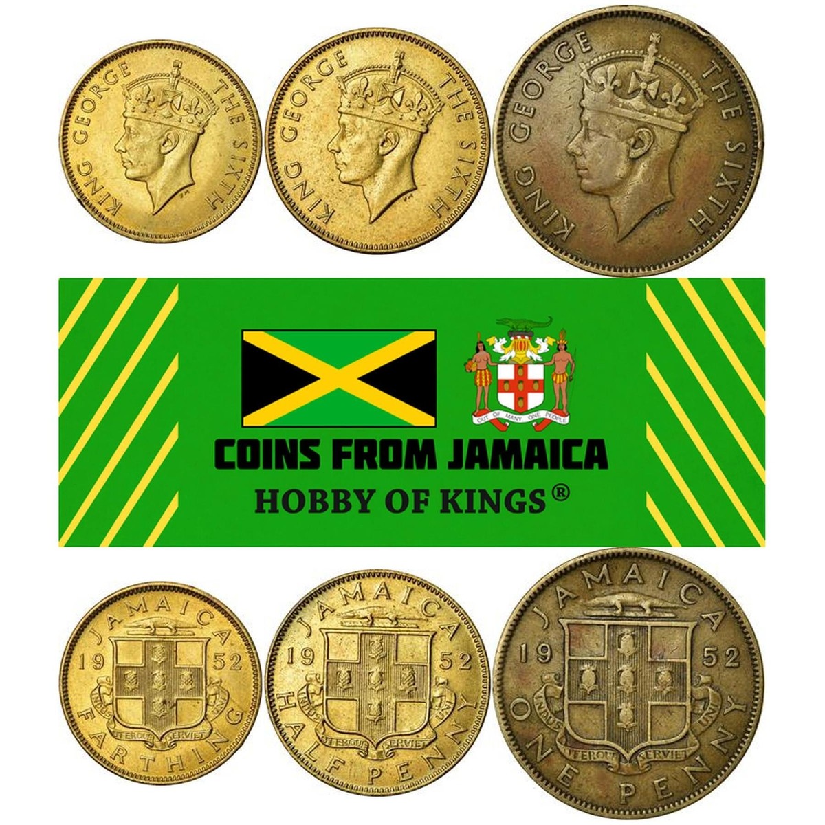 Jamaica | 3 Coin Set | 1 Farthing 1/2 1 Penny | King George