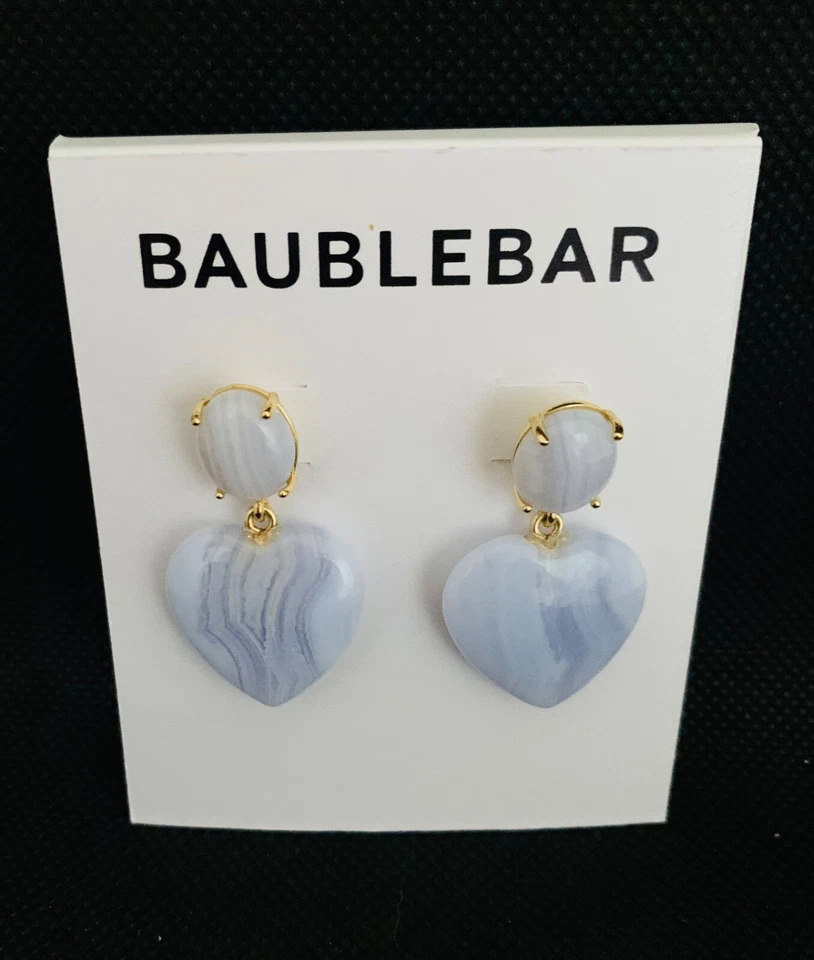 BAUBLEBAR JUNO SHERY BLUE LACE AGATE GEMSTONE HEART DROP EARRINGS 1.4" NEW - Image 2 of 4