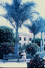 Tuxtla México Parque Mujer En Banco Jardín Hotel Detrás 1962 Kodachrome 35mm Diapositiva