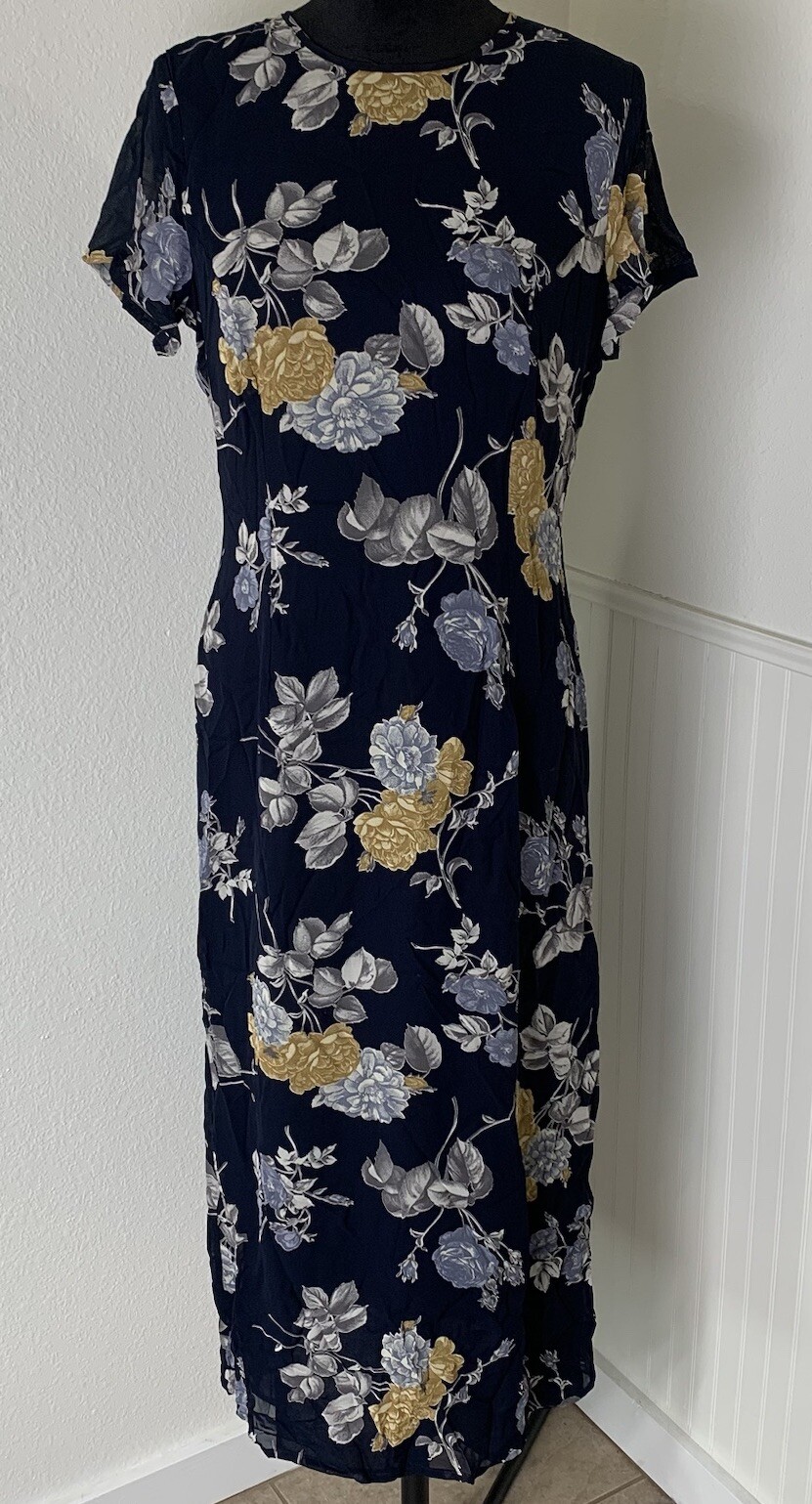 Laura Ashley Vintage Dress Short Sleeve Lined Blue Floral Midi Sz 8
