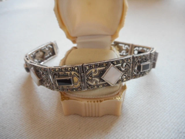 纯银 Marcasite MOP & Black Onyx Bar Link 7.25 英寸手链 RE8210 — 第 4/4 张图片