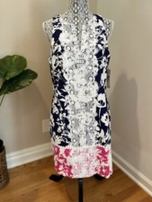 Eliza J Floral Print Dress With Embroidered Overlay Navy and Pink Size 10 NWT