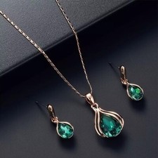 Elegant Water Drop Green and Gold Earring and Necklace Jewelry Set