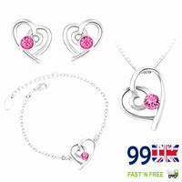 White Gold Plated Jewelry Set - Pink Austrian Crystal Double Heart Valentine Set White Gold Plated Jewelry Set - Pink Austrian Crystal Double Heart Valentine Set