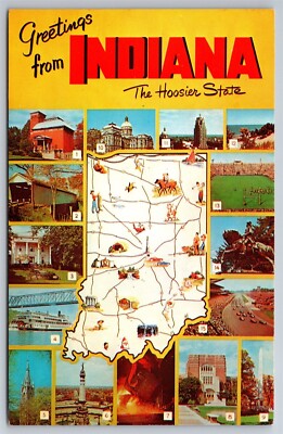Greetings From Indiana Map & Multi Pictures IN Postcard U8