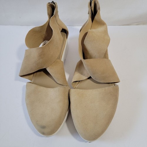 Eileen Fisher hellbraune Damen-Keilsandale aus Veloursleder mit überkreuztem Reißverschluss hinten Größe 8,5 Komfort - Bild 3 von 12