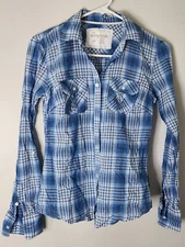 Aeropostale Women's Semi Sheer Plaid Long Sleeve Button Down Cotton Top Size S