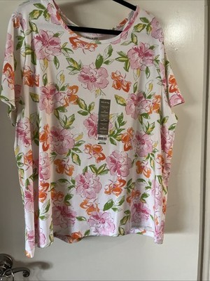 White Stag White/Pink/Orange Floral Short Sleeve scoop neck tee top Size 4X NWT