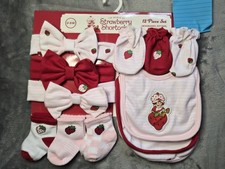 12-Set Strawberry Shortcake Red  Pink Mittens,Bibs,Socks, Headband Bows - New