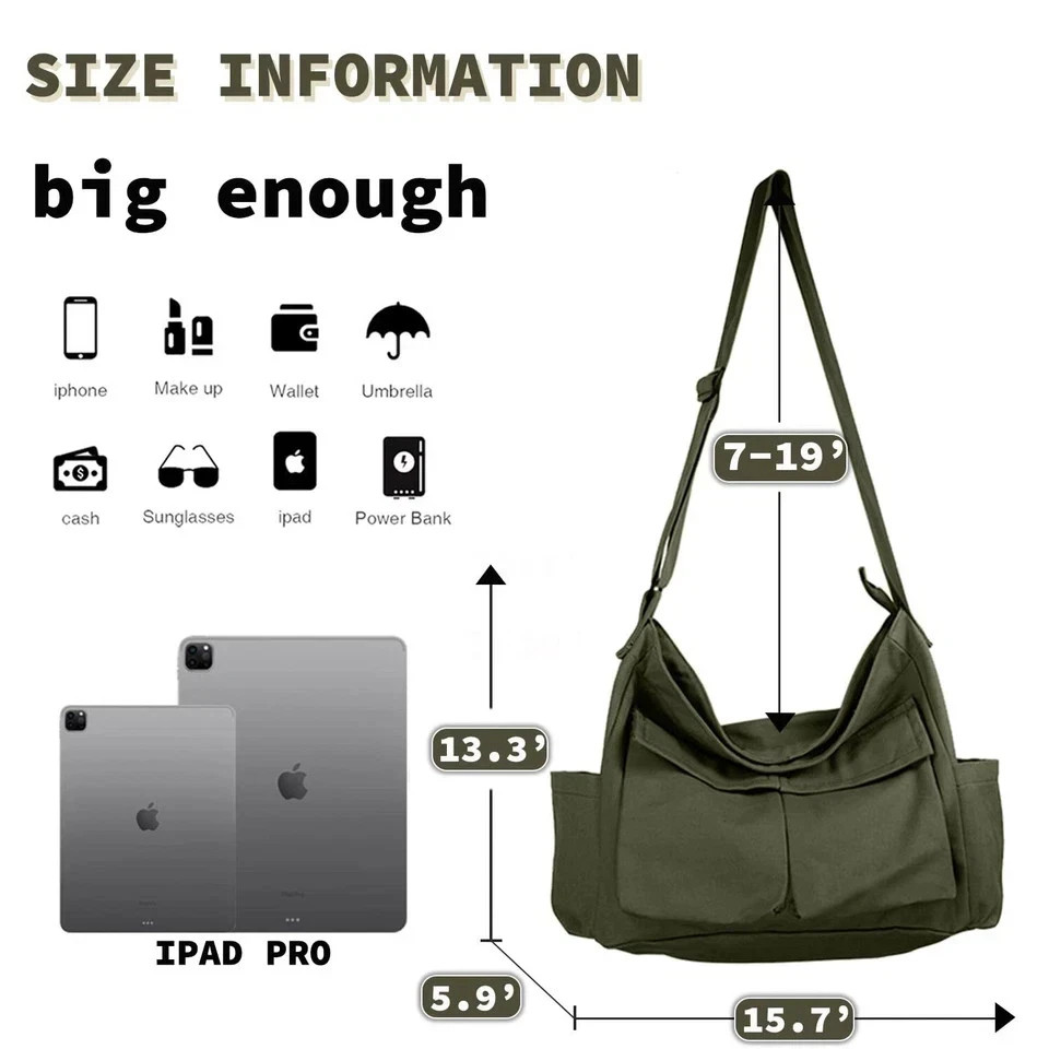 Canvas Messenger Bag Large Crossbody Bag with Multiple Pockets Casual Tote Bag