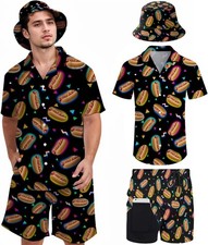 Mens 2 Pieces Hawaiian Shirt and Shorts Set Short Medium, Hot Dog Colorful