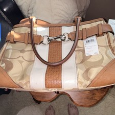 Coach Logo Satchel Top Handle Bag Beige Brown Buckle Strap Accent Clasp