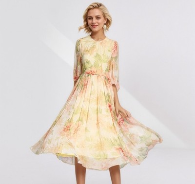 mulberry silk dress Elegant Bamboo Pattern Mulberry Silk Dress