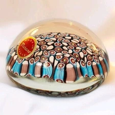 Vtg Murano Art Glass Paperweight Millefiori Canes 3"W Hand Blown Red Blue EC 