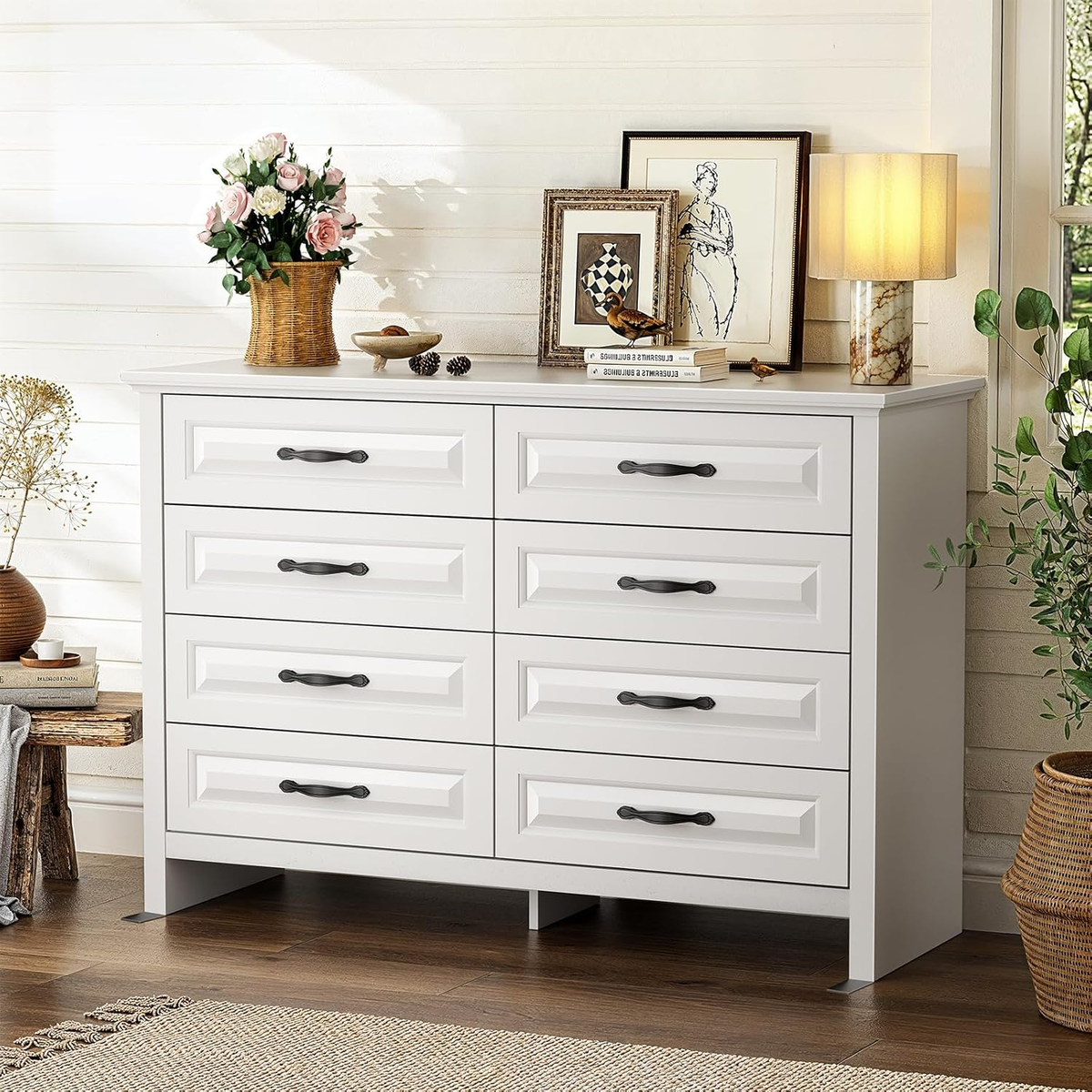 Farmhouse 8 Drawer Dresser, Wood Chest of Drawers with Natural