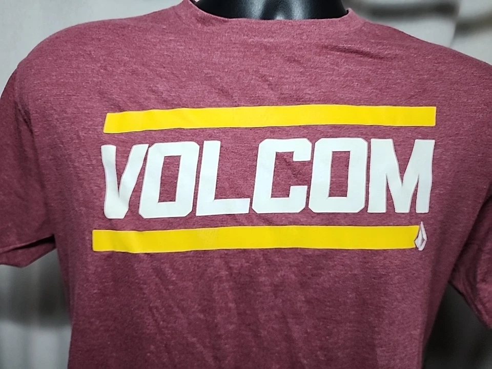 Volcom Men's Short Sleeve T-Shirt - Maroon with White & Yellow Accents - Size M - Image 2 of 4