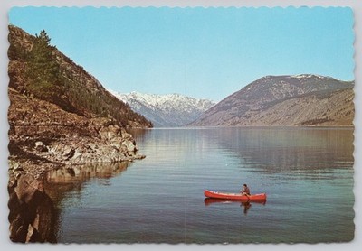 Vintage Lake Chelan Washington Postcard Canoe Cascade Mountains Ektachrome