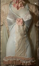 Vintage Light Blue Lace Girdle Burlesque Corselette with Pink Rose Accents 38