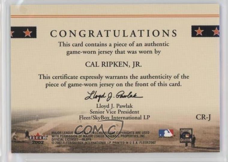 2002 Fleer Classic Cuts Game-Used Jersey Relic Cal Ripken Jr #CR-J HOF view 2