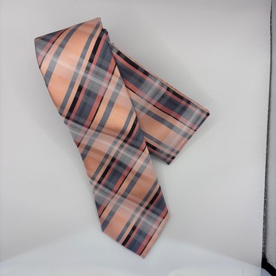 Brand Q Tie Set Mens OS Peach Grey Plaid Microfiber NWT 2098-E Formal Business