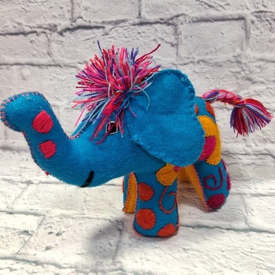 Hand Embroidered Plush Felt Elephant Ornament 3D Flower Pattern Bright Colorful 