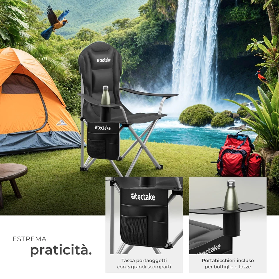 Sedia campeggio poggia-bibite imbottita pieghevole da spiaggia 120 kg carico - Immagine 4 di 4