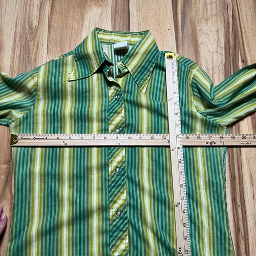 VINTAGE 70s Green Striped Dagger Collar Shirt Size S Retro Mod Disco - Picture 2 of 5