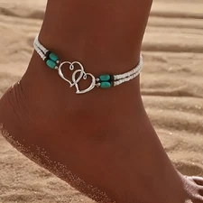 Stretch Beaded Double Heart Anklet for Women Female Bohemia Resin Beads
