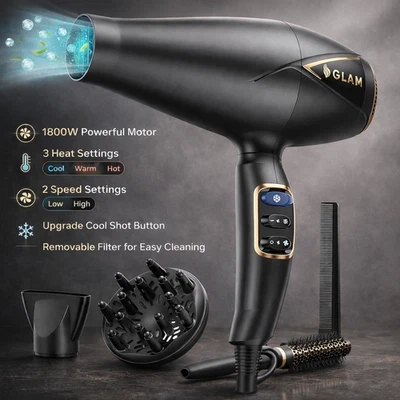 RIGWIG 2300W Professional Hair Dryer Cool Shot Diffuser Nozzle 3 Heat 2 Speed UK Plug