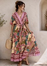 Fig  Flower Anthropologie Maxi Dress Pink Cream Floral Faux Wrap Bohemian M