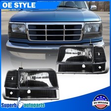 Fits 1992-1996 Ford F150 F250 92-96 Bronco Black Headlights Bumper Signal Lamps