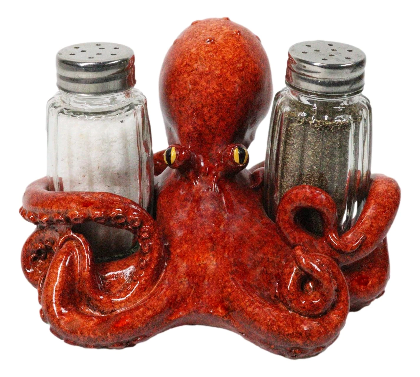 Red Spotted Nautical Marine Cephalopod Octopus Salt Pepper Shakers Holder Set