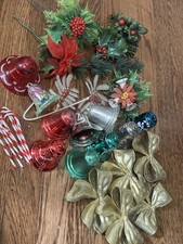 VTG Christmas Craft Lot Bells Bows Plastic Holly Candy Canes 30 Pieces
