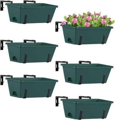 6 Pack Adjustable Deck Railing Planter Boxes with Drainage Tray - Green & Black
