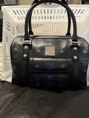 #ad MCM Visetos Leather Boston Bag Black White $185.00