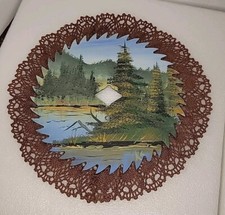 Vintage 7  signed hand painted circular saw blade Outdoor Lake Scene Lace Edge
