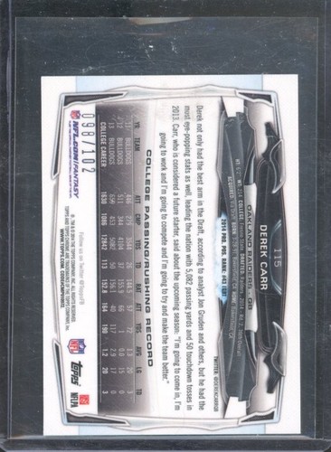 2014 Topps Chrome Mini DEREK CARR #115 RC Rookie Pulsar Refractor /102 Raiders - Picture 2 of 2