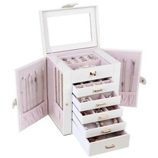 Kendal White 6-Layer Large Leather Jewelry Box Watch Jewelry Organizer w/ Mirror