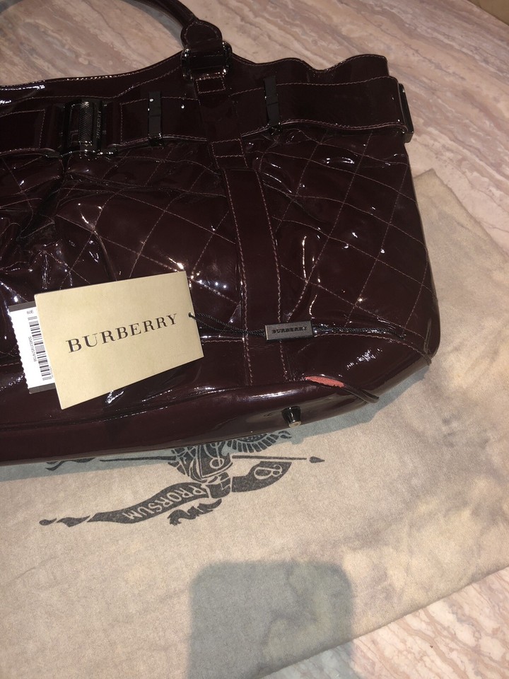 🥳 £1800 Authentic Burberry Burgundy Quilted Patent Leather Handbag Tote