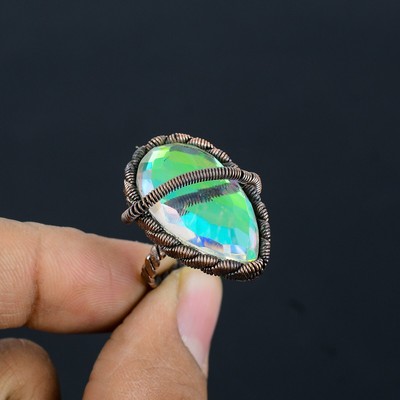 Nice Mystic Topaz Gemstone Copper Wire Wrap Handmade Ring Jewelry For Christmas