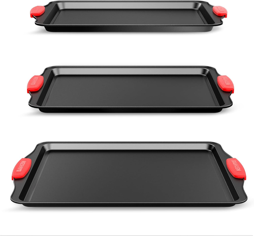 Baking Pan Set – 3 Piece Cookie Sheet – Deluxe Black Non-Stick Carbon Steel – Si