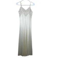 Vintage Val-Mode Lingerie Ivory Satin Lace Trim Long Slip Dress - Size Small