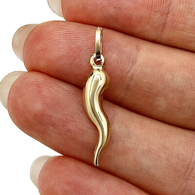 14K Real Gold Hollow Italian Horn Charm Pendant 1.2''