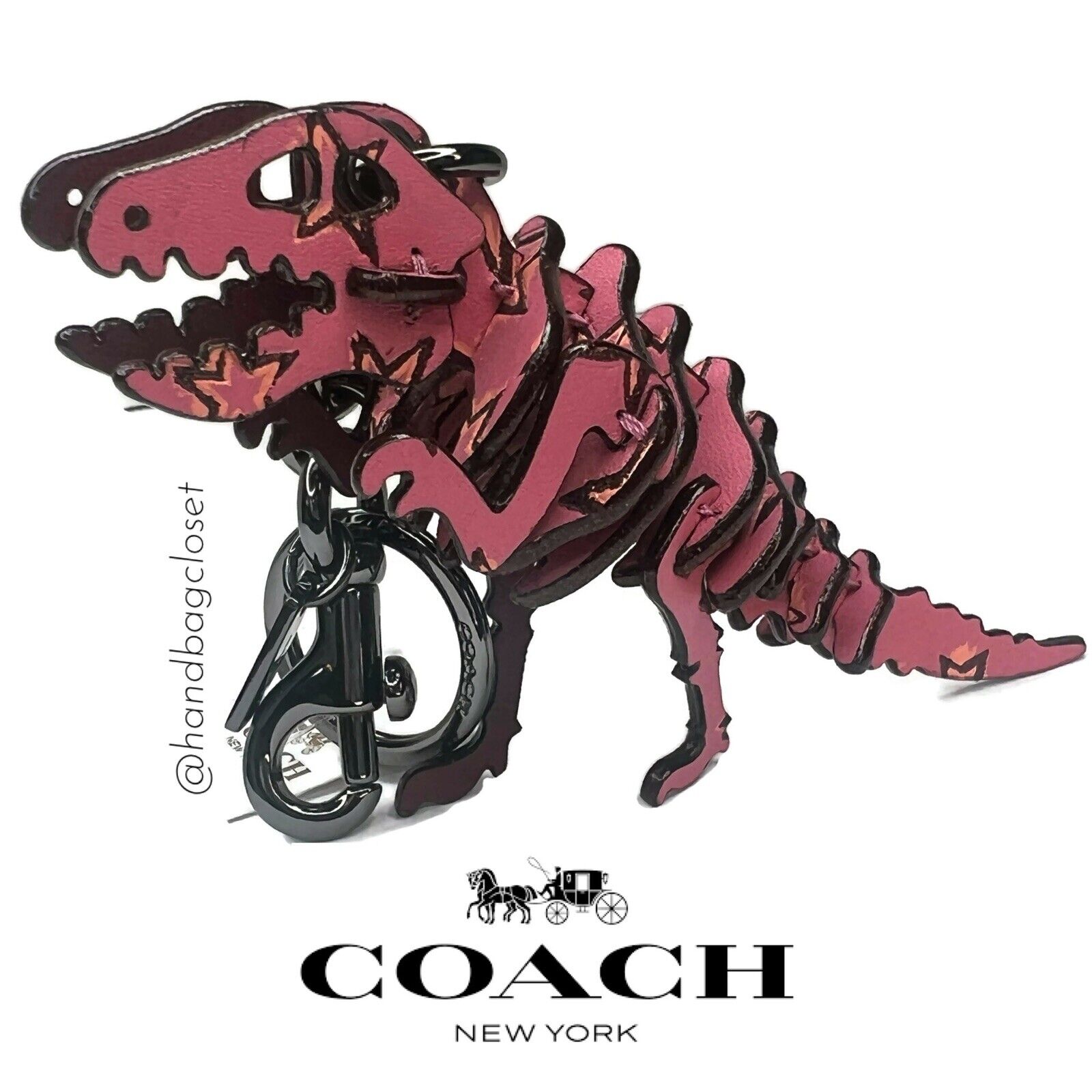 Coach Small Printed Rexy Bag Charm Keychain T-Rex Glitter Starlight Pink
