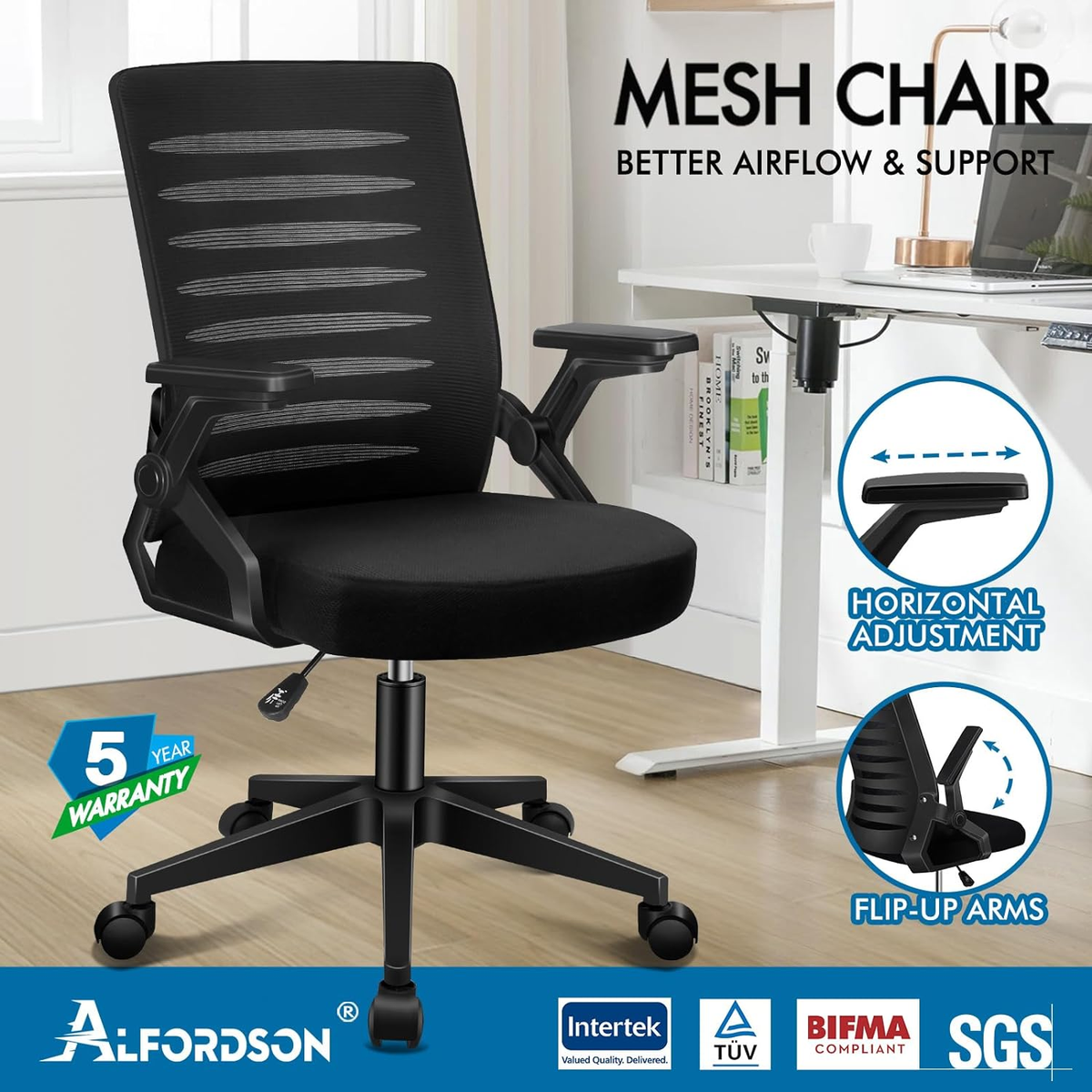Mesh Office Chair Ergonomic Mid-Back Wale Series, Adjustable Flip